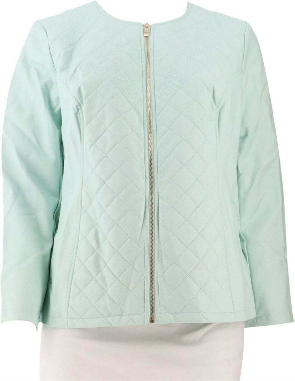 Dennis Basso Faux Leather Quilted Jacket Embroidery Pale Mint S NEW A273744