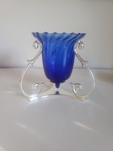 Retired PartyLite Blue Sililoquy Cobalt Blue with Silver Base Candle Holder - $40.91