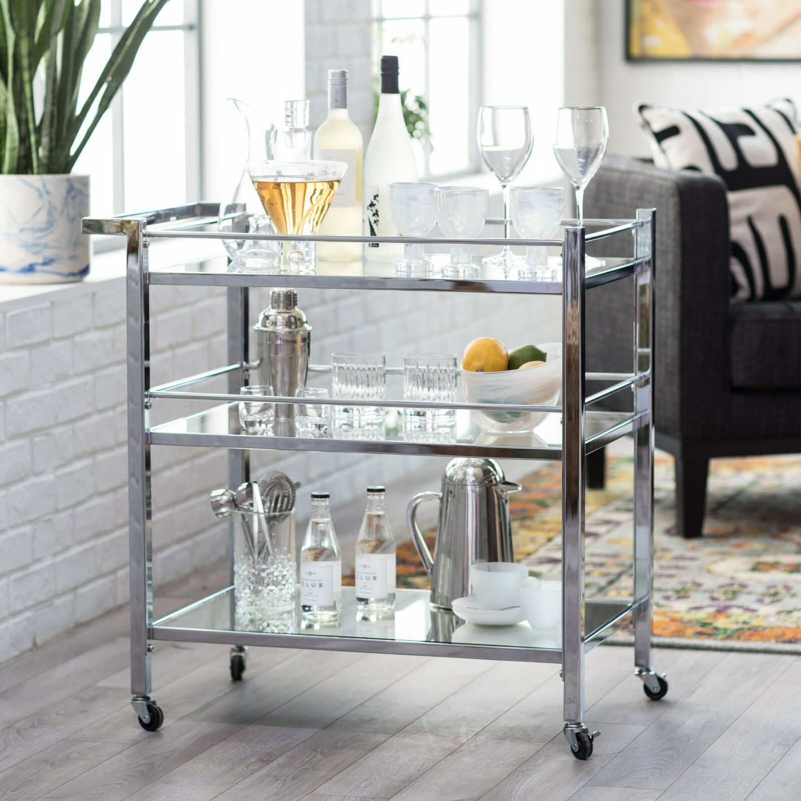 Modern Glam Silver Metal Glass Serving Cart Buffet Server Mobile Bar Cart Bar Carts & Serving