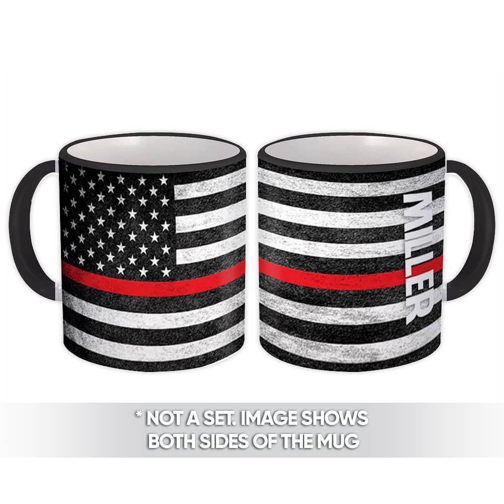 Primary image for MILLER Family Name : Gift Mug American Flag Firefighter Thin Line Personalized