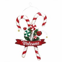 Candy Cane Door Wall Hanger Welcome Sign Metal Christmas Bells Red White 24" H - $69.29