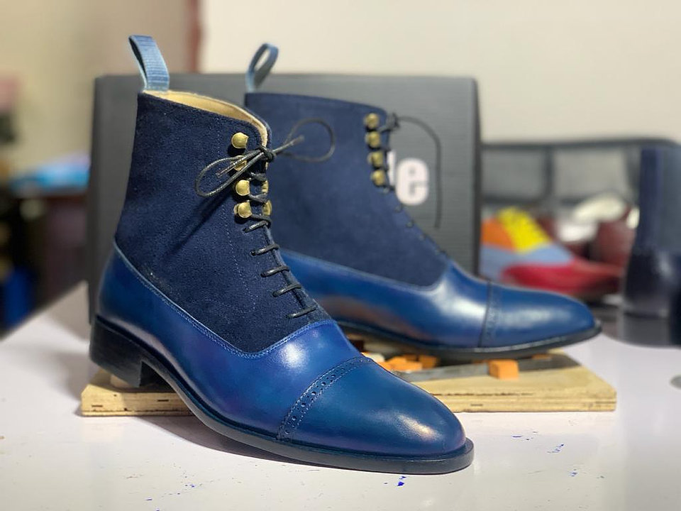 Handmade Men's Blue Leather Suede Cap Toe Ankle Boots, Mens Dress Formal Boots