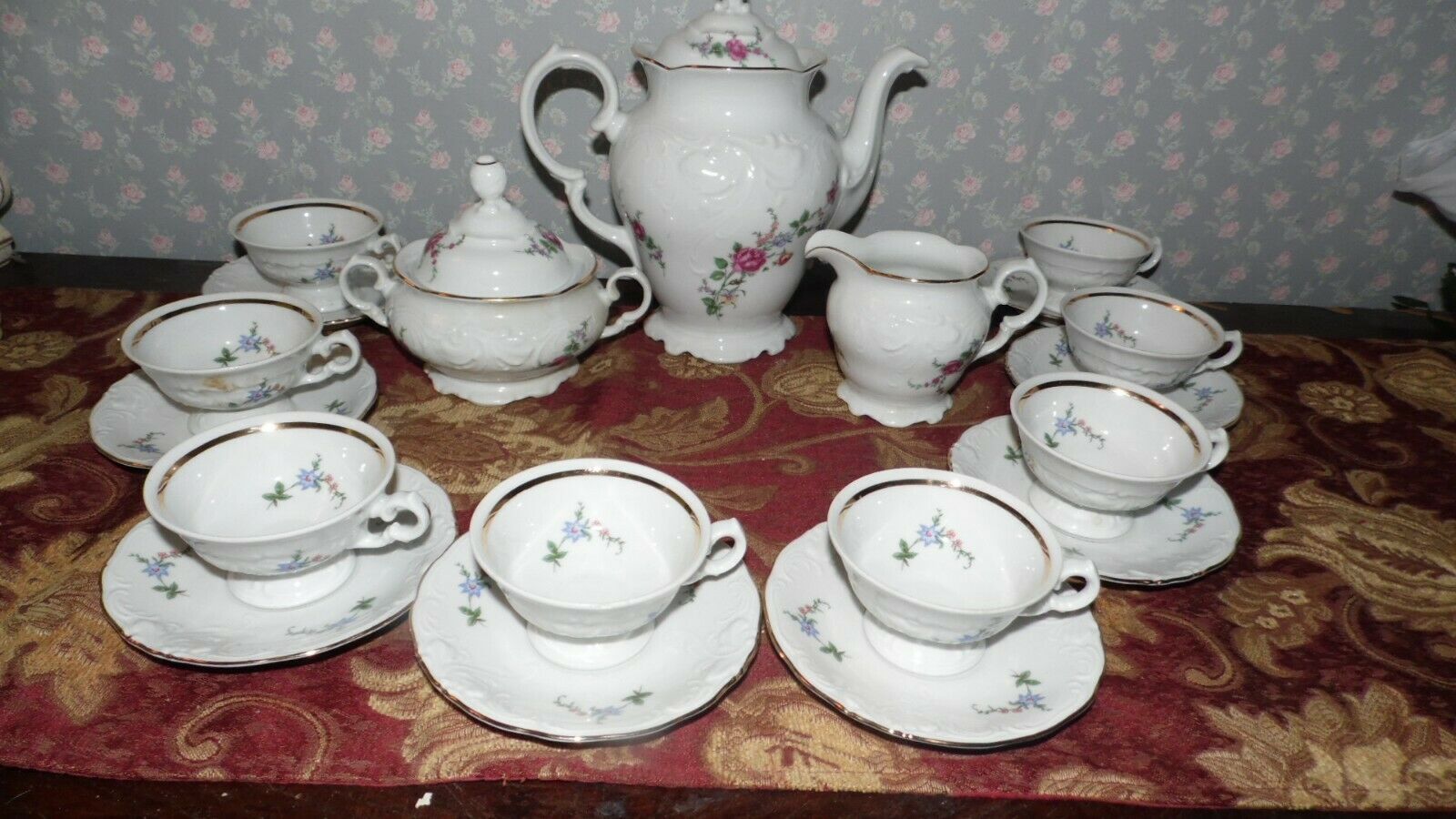 VINTAGE WAWEL CHINA MADE IN POLAND PINK FLORAL ROSES TEA SET 21 PCS. 8