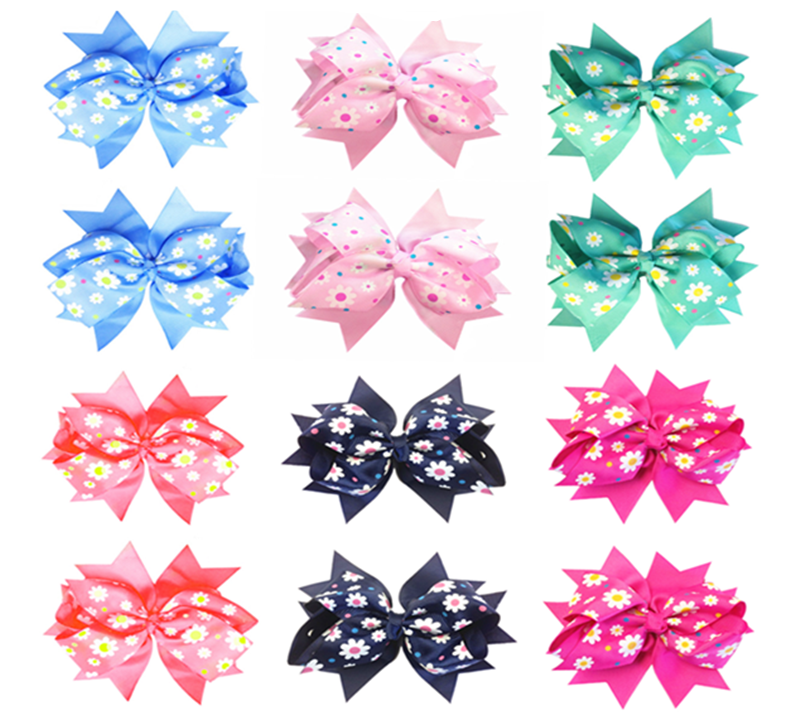 Pack of 6 & 12 Girls Flower Printed Grosgrain Ribbon Double Layer Big Hair Bows