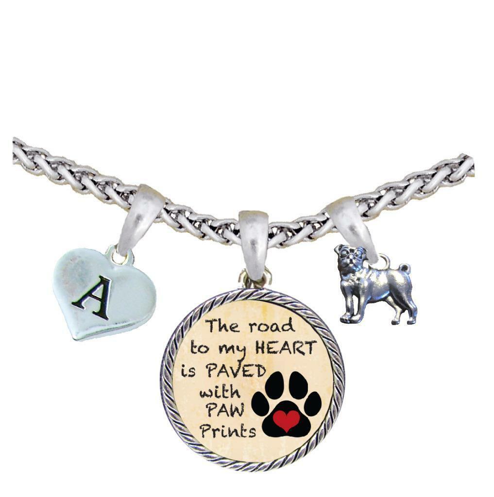 Custom Dog Pug Road to My Heart Paw Print Silver Necklace Jewelry Choose Initial