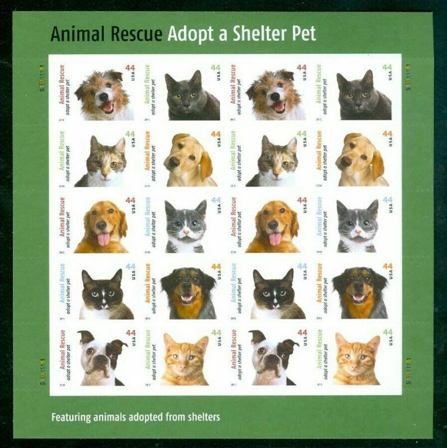 Animal Rescue Adopt a Shelter Pet Sheet of Twenty 44 Cent Postage Scott 4451-60
