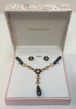 Necklace & Earring Charter Club Blue Pearls Flower Crystals Gold Tone Metal Set - $14.10