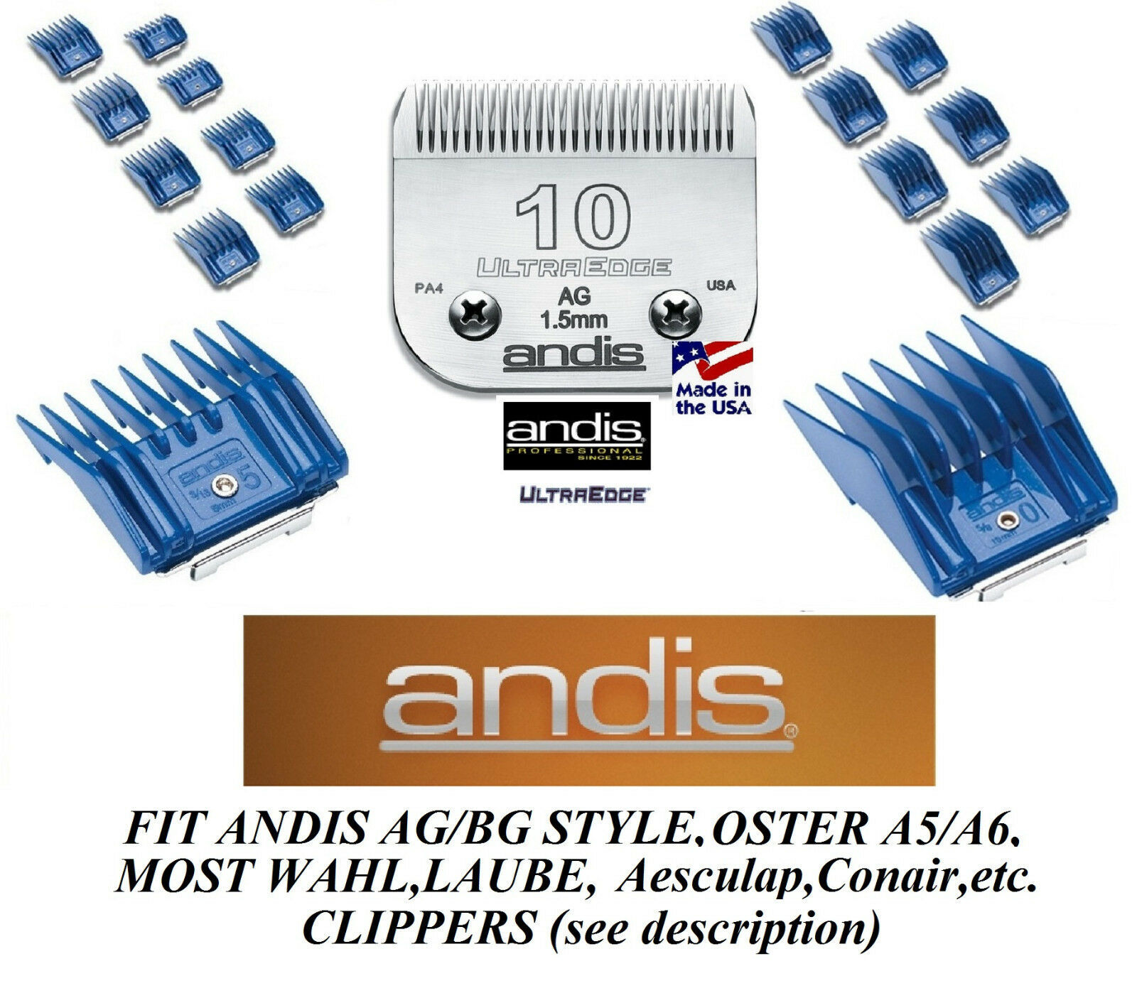 ANDIS 17 pc Guide ATTACHMENT COMB SET&UltraEdge 10 BLADE*Fit Many Oster Clipper
