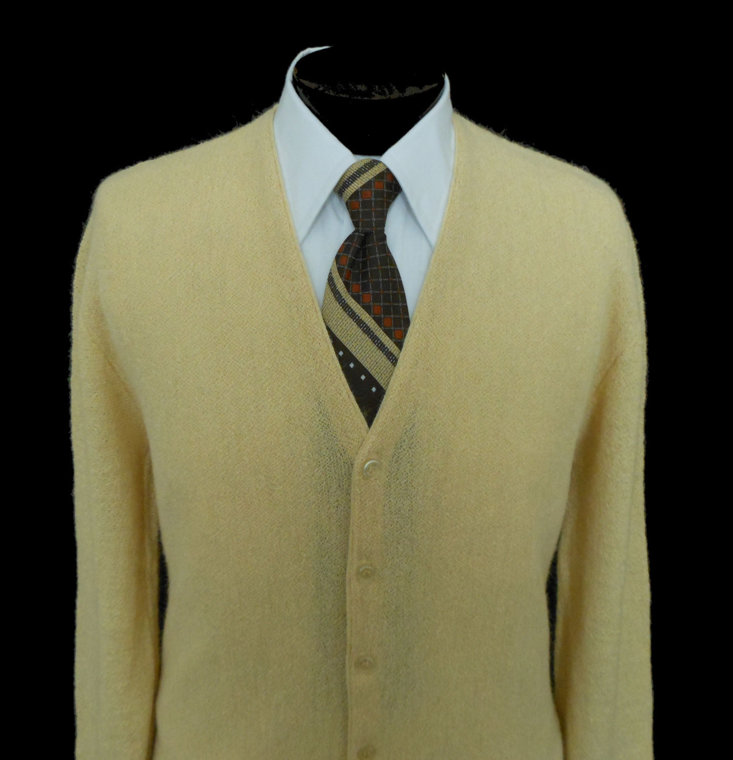 1960s Striped Cardigan Vintage Mid Century Retro Men\u2019s Black Yellow Blue Mod Button Sweater LLarge