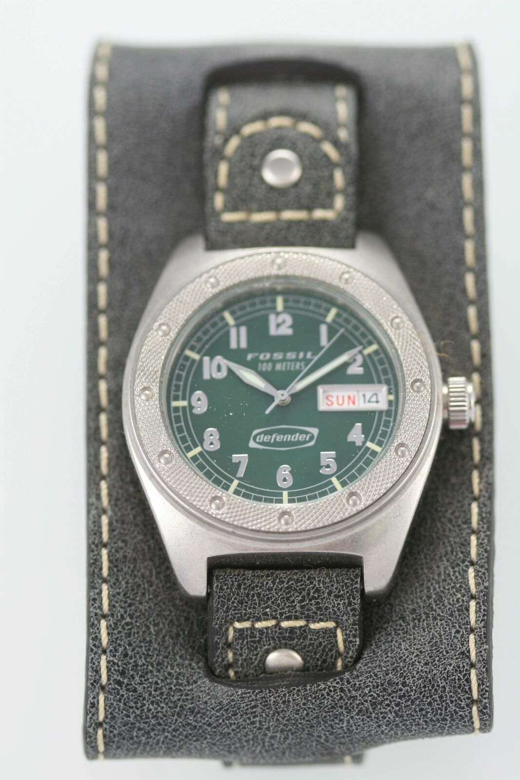 Fossil Defender Watch Mens Green Day Date Stainless Silver Leather Gray