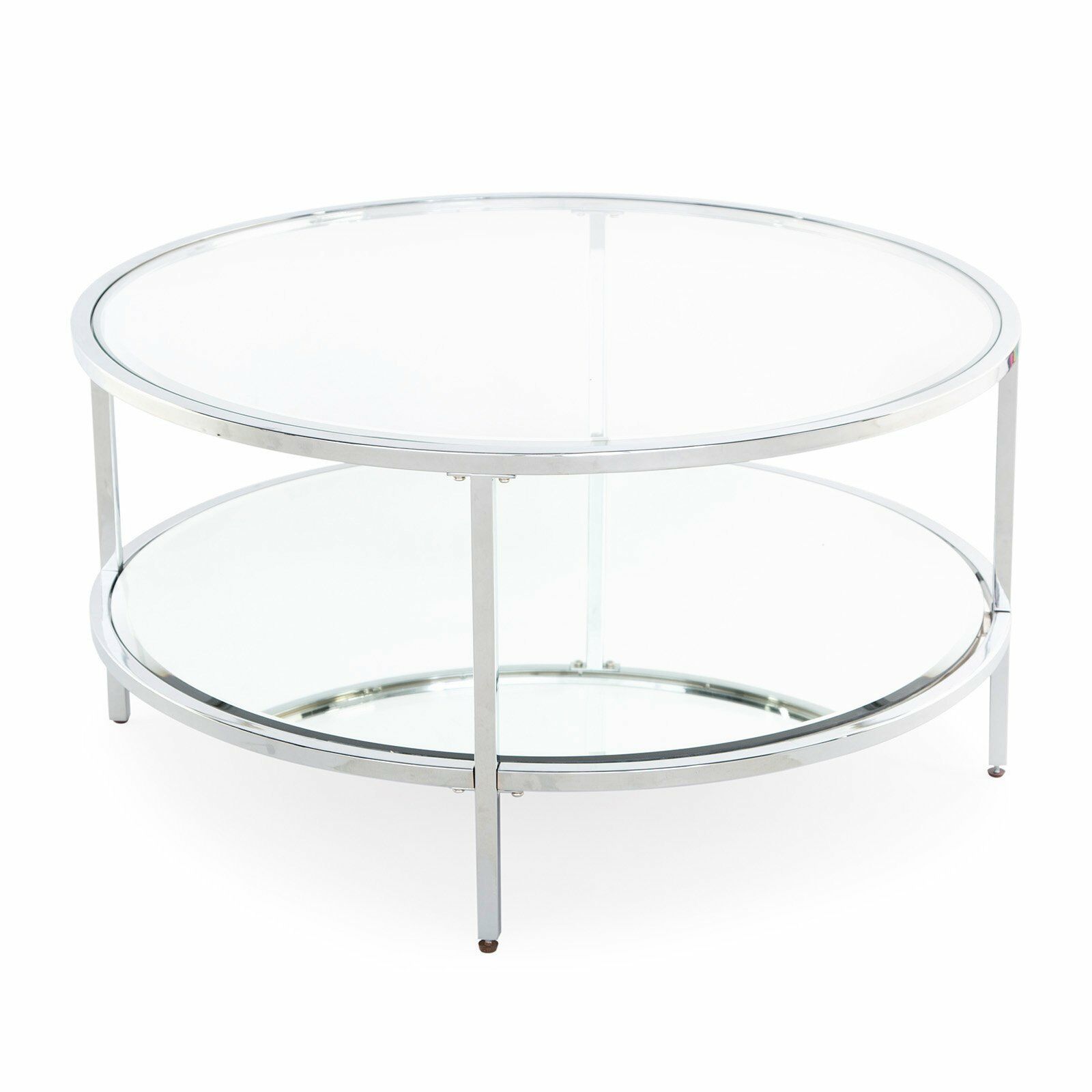 Contemporary Modern Glam Metal Glass Round Silver Coffee Table Shelf