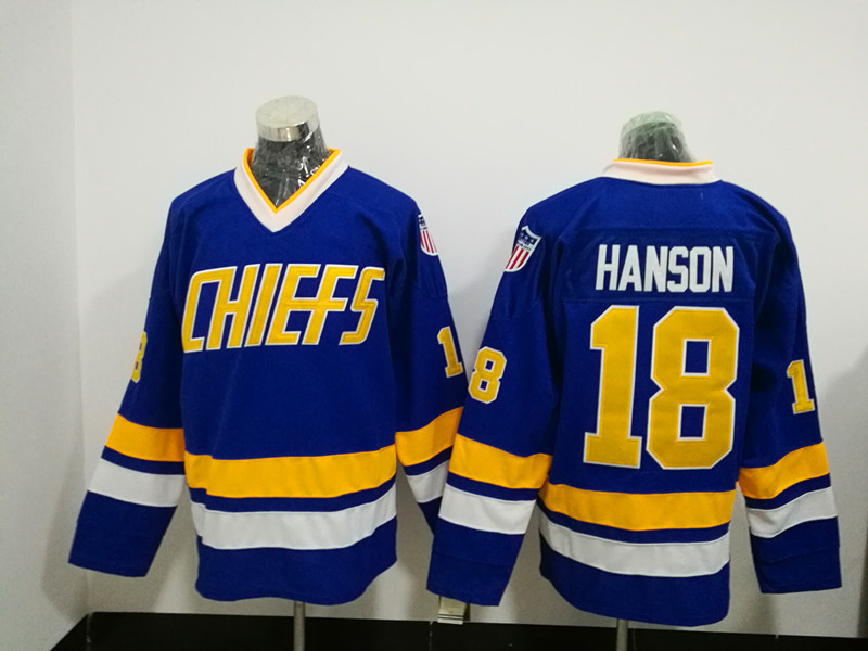 Men's Charlestown CHIEFS Hockey Jersey Sewn on #18 Jeff HANSON Jersey Sewn on Bl - Hockey-NHL