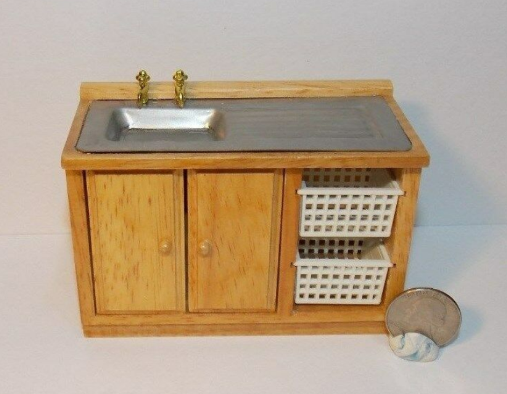 Primary image for 1 Pcs Oak Kitchen Sink Dollhouse Miniature Wood 1:12 one inch scale - DL