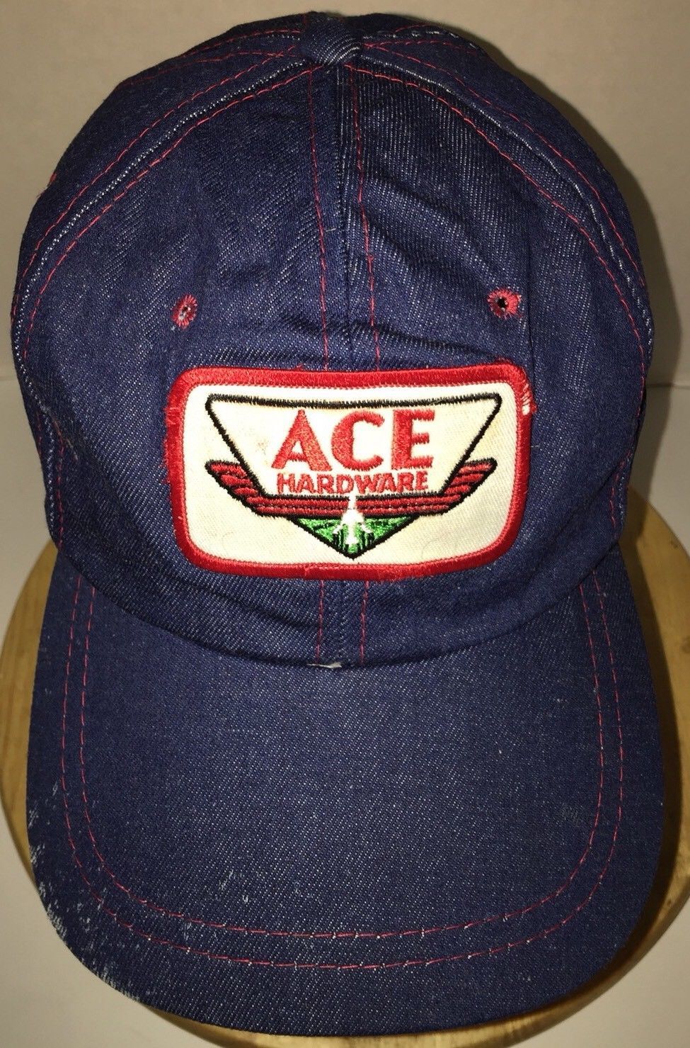Vintage ACE HARDWARE 70s LOGO Denim Hat Cap Snapack Red Stitching