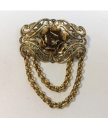 Rose Pin Brooch Vintage Ornate Scroll Filigree Chains Antique Gold Tone ... - $35.00