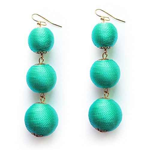 Turquoise Colored Drop Thread Ball Long Earrings for Women Girls 3