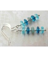 Aqua Turquoise Beach Glass Disc Earrings Modern Czech Bead Stack Sea Sur... - $12.88