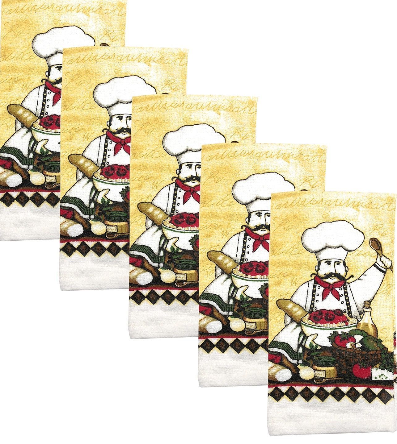 5 pc SAME KITCHEN TOWELS SET, FAT CHEF MAKING SALAD by KC, 15" x 25