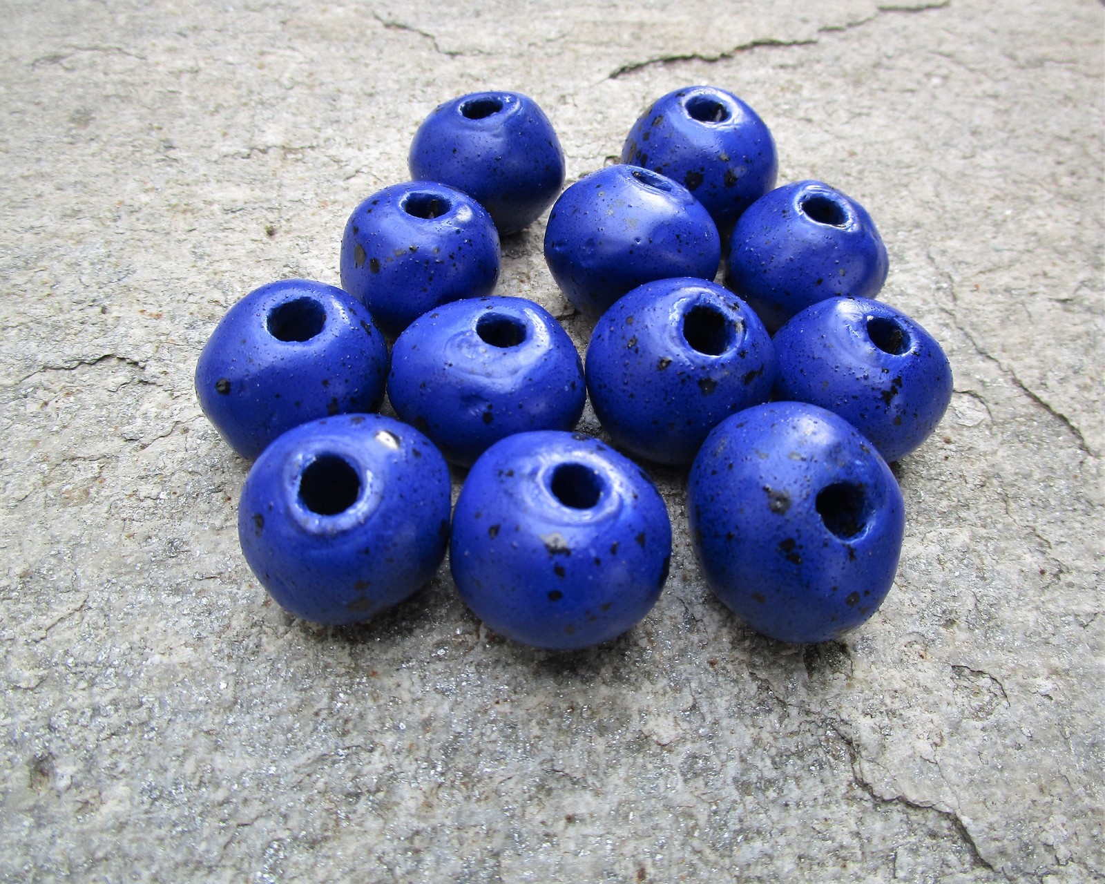 12 Vintage Handmade Greek Ceramic Beads, Large Dark Blue Mykonos Beads