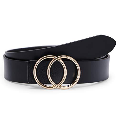 Black Women Leather Belt with Gold Double O-Ring Buckle,SUOSDEY Fashion Designer - Belts