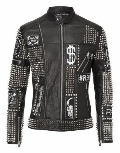 Men PHILIPP PLEIN Leather Coat Black Silver Studded Embroidery Patches Jacket PP