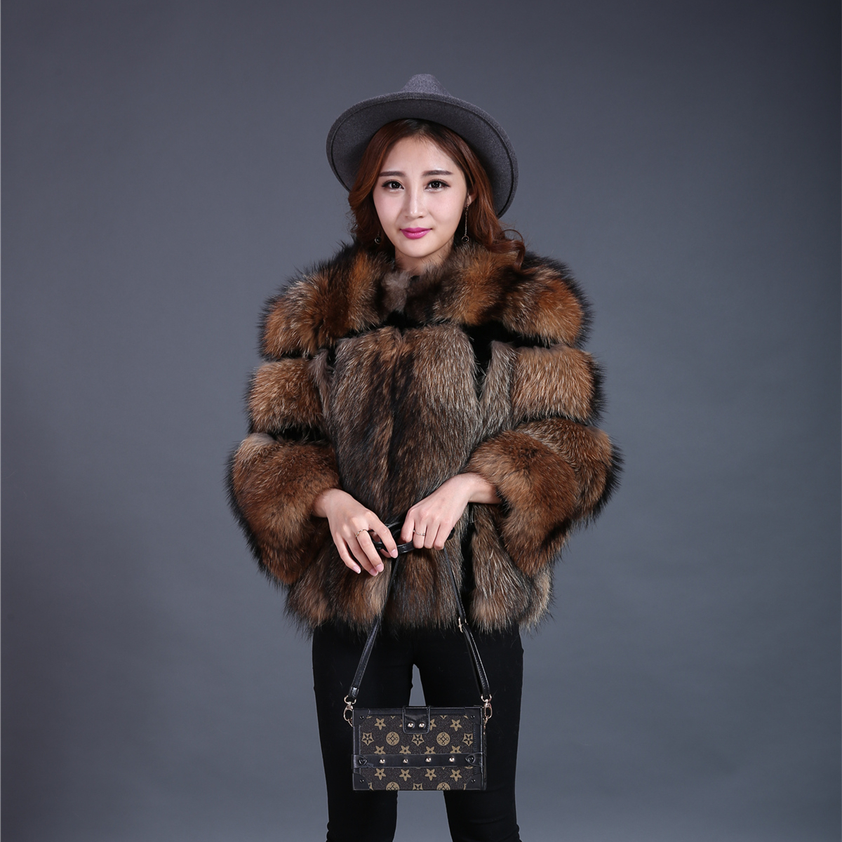 Image of Dark Brown Raccoon Fur Jackets for Women Fluffy Rex Rabbit Fur Blazer