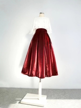 WINE RED Midi Pleated Skirt Outfit Vintage Inspired Satin Holiday Midi Skirts image 3