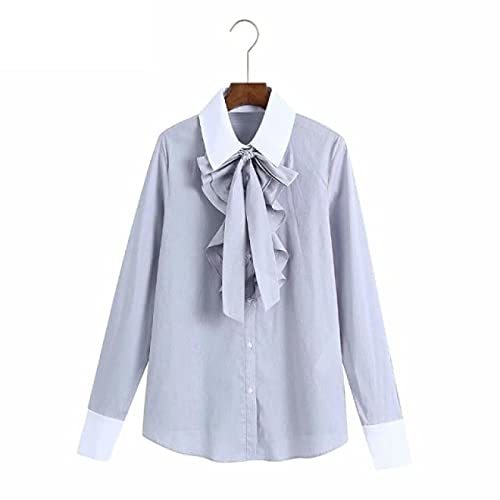 Sweet Bow Tied Ruffles Deocraion Stripe Shirts Office Ladies Patchwork Casual Ch