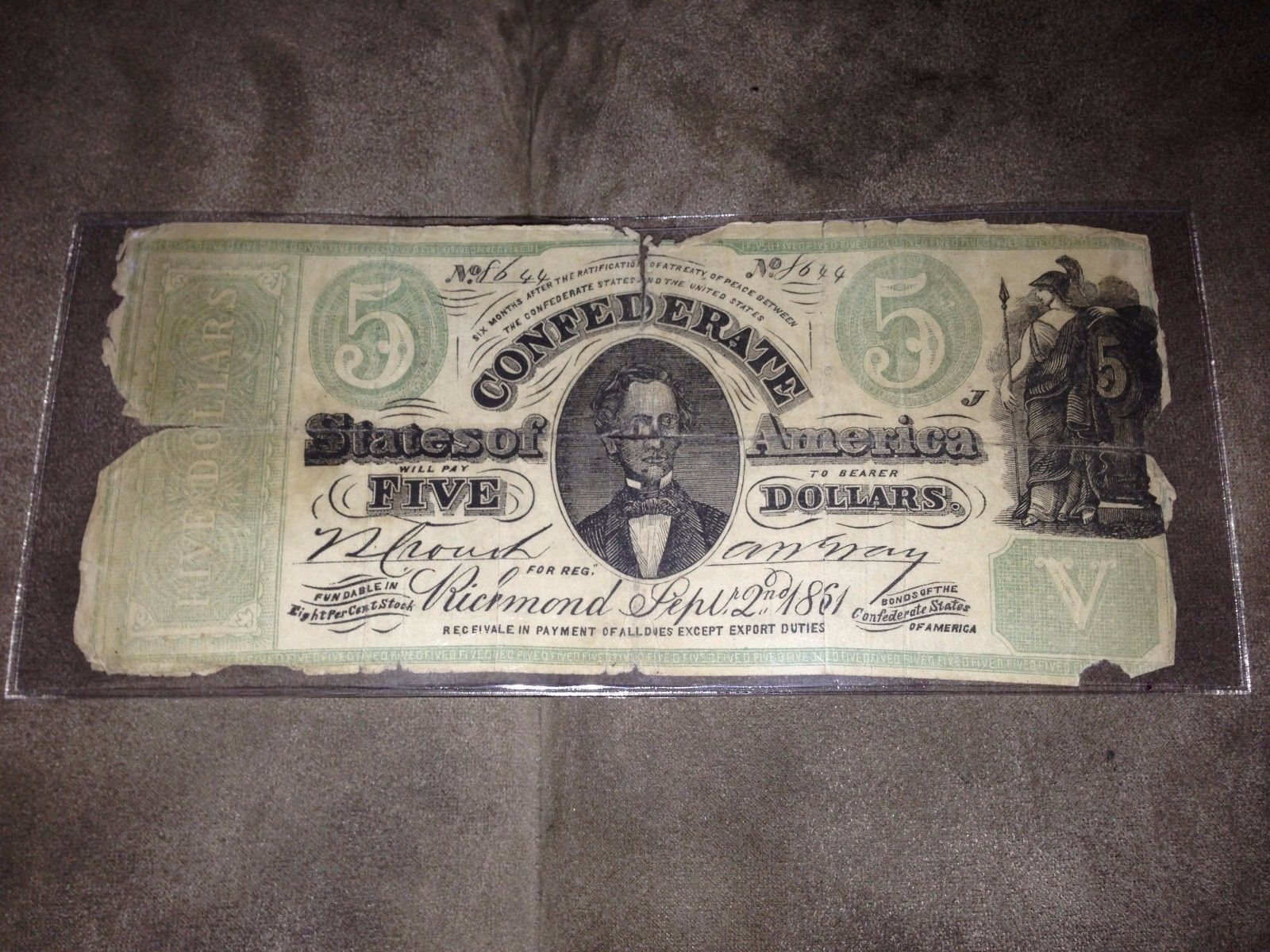 1861 5 CONFEDERATE STATES OF AMERICA RICHMOND,VA Confederate Currency