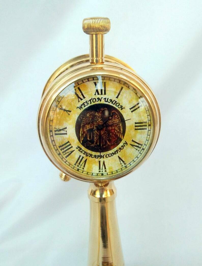 Nautical Table Top Ship Telegraph Clock With Pen Holder And Compass