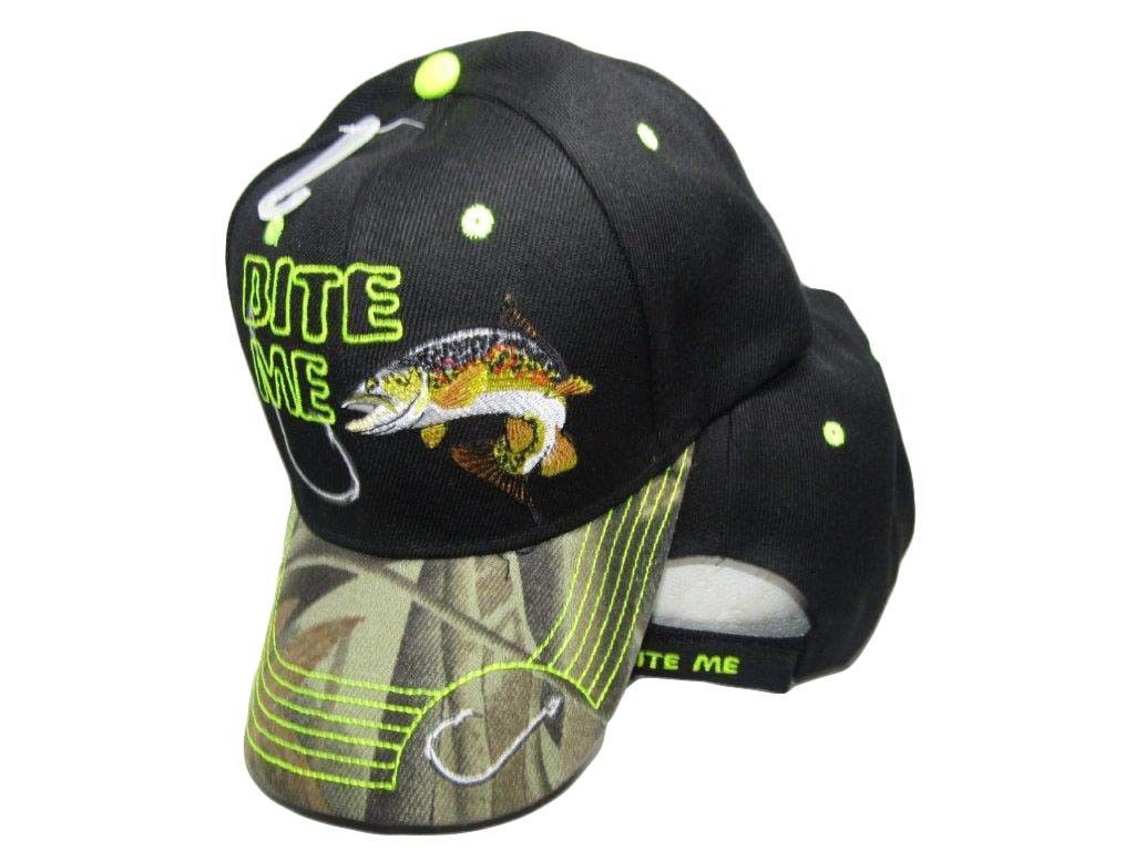 Bite Me Hook Trout Fishing Camouflage Black Front Embroidered Cap Hat