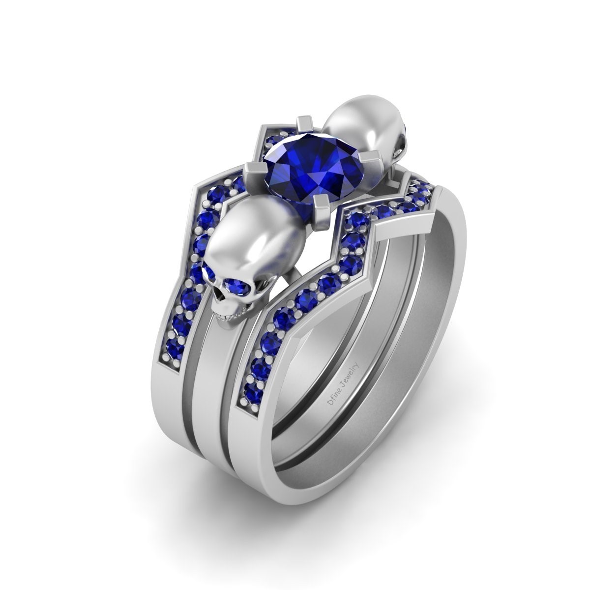 Blue Sapphire Gothic Skull Engagement Ring Set Matching 3Pc Skull Wedding Rings