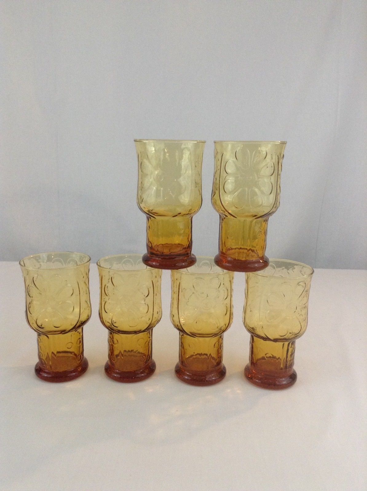 Vintage Libbey Amber Lot Of 6 Embossed Flower Daisy Drink Glasses Meals