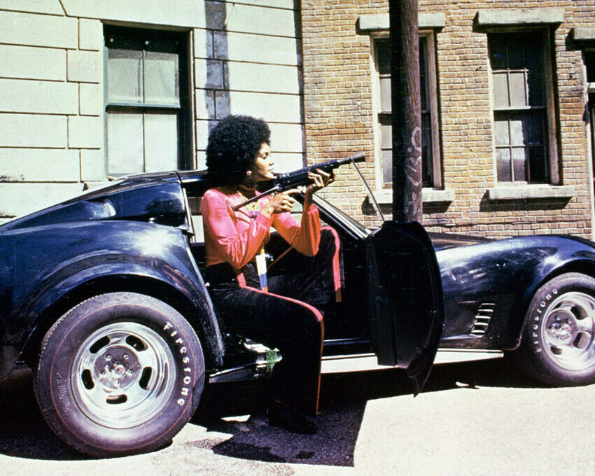 TAMARA DOBSON CLEOPATRA JONES WITH SHOTGUN BY 1973 CORVETTE STINGRAY CAR PHOTO