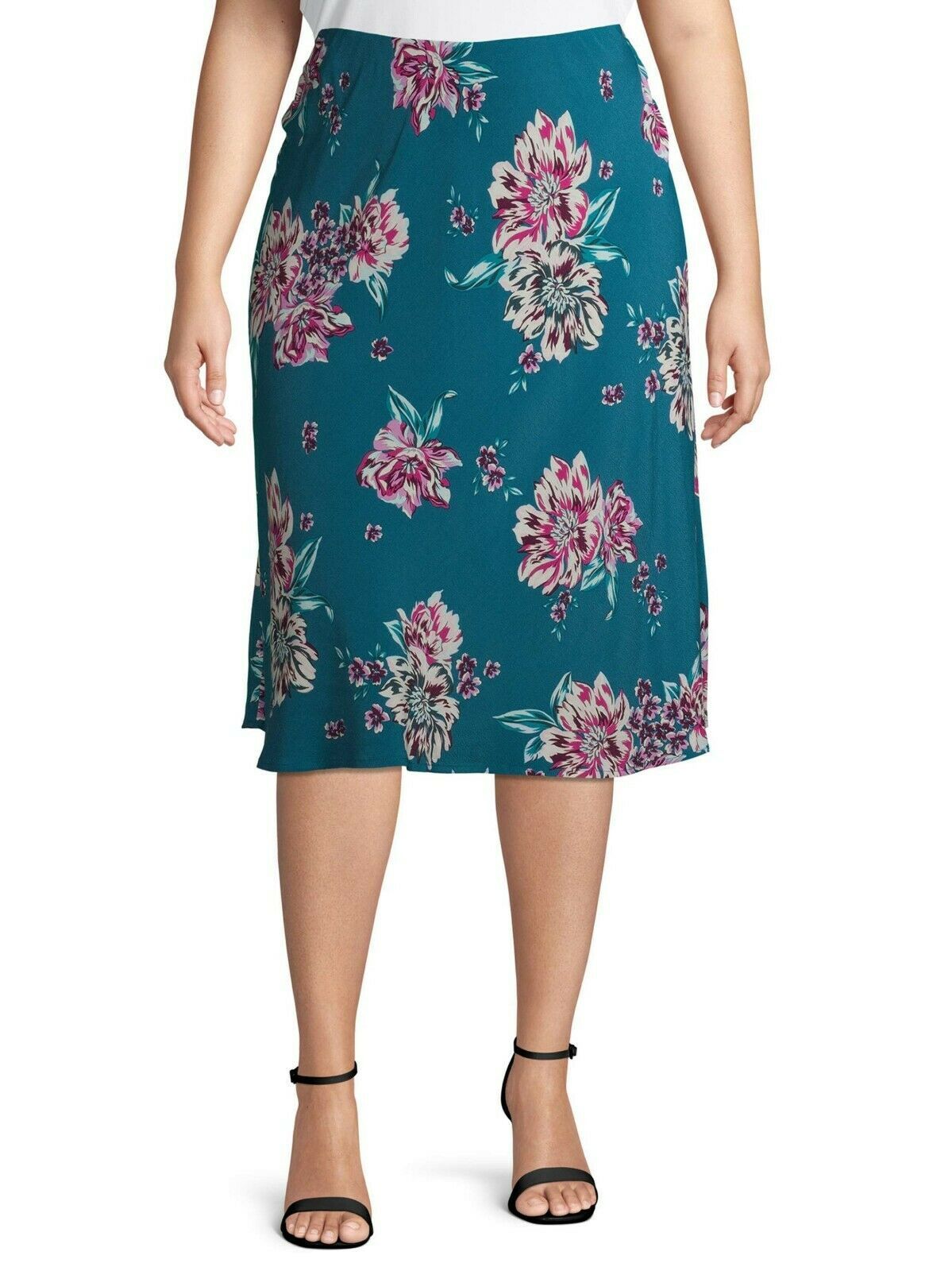 Terra & Sky Women's Plus Midi Length Slip Skirt Size 2X (20-22W) Corsair Floral