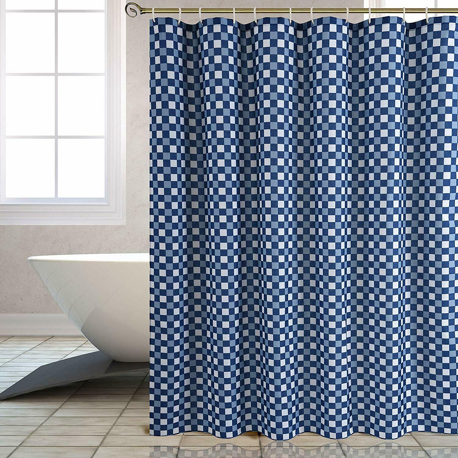 Nice Blue White Plaid Gingham Romantic Farmhouse Textured Fabric Shower