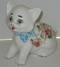 Vtg Lefton White Ceramic Art Pottery Cat w/Flower Floral Piggy Still Coi... - $28.71