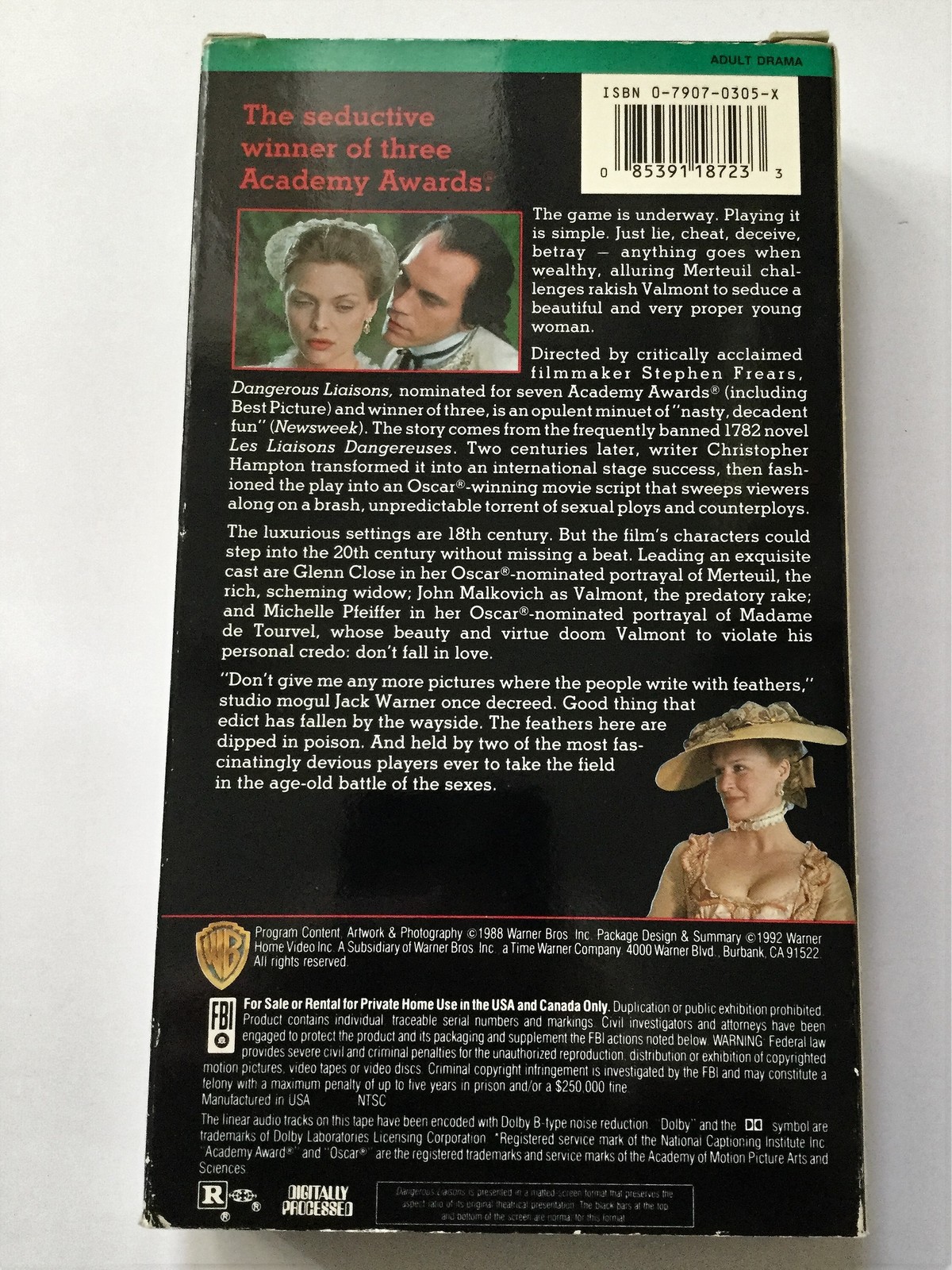 DANGEROUS LIAISONS Glenn Close & John Malkovich VHS 1988 - VHS Tapes