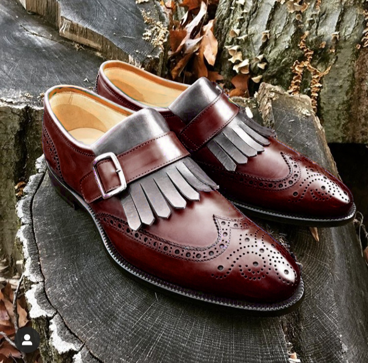 Handmade Men's Monk Shoes, Burgundy Gray Leather WingTip Monk Strap ...
