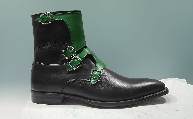 Men's Two Tone Green Black Ankle Tetra Monk Buckle Strap Leather Boots US 7-16