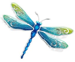 Dragonfly Wall Plaque w Cutouts Blue Green Metal Silver Trim 15" Wide Fence Gate