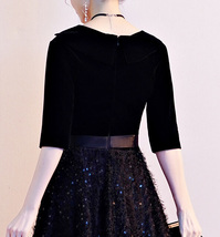 Women Half Sleeve Velvet Maxi Dress High Waist Formal Dress, Black, Plus Size image 9