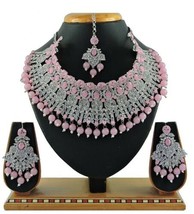 Indian Bollywood Style Pink Pearl Silver Plated Fashion Bridal Diamond Necklace - $39.59