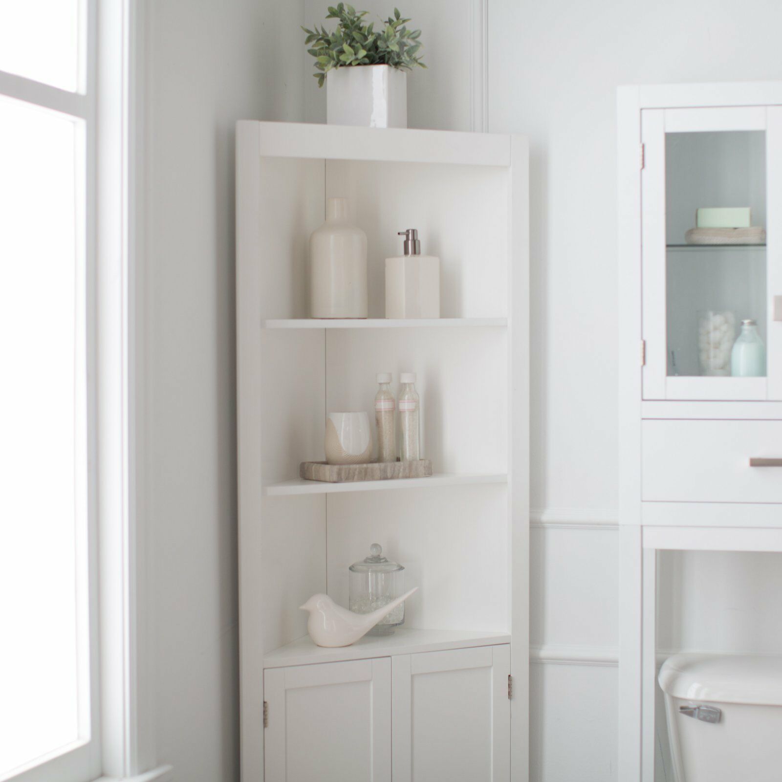 Classic White Freestanding Bathroom Corner Storage Cabinet Linen     57 