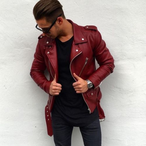 New Men Genuine Lambskin Leather Jacket Maroon Slim fit Biker Motorcycle jacket