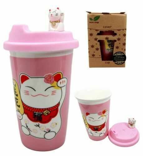 Pink Lucky Cat Maneki Neko Ceramic Tall Drink Mug Cup With Silicone Lid 7Tall