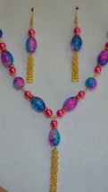 Handmade Pink Blue Crackled Oval Glass Bead Chain Tassel Necklace Earring Set - $15.50