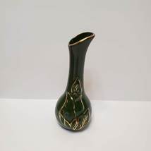 F&M Artware Vase, Green with 22K Gold Trim, Handmade Ceramic Bud Vase, 8"