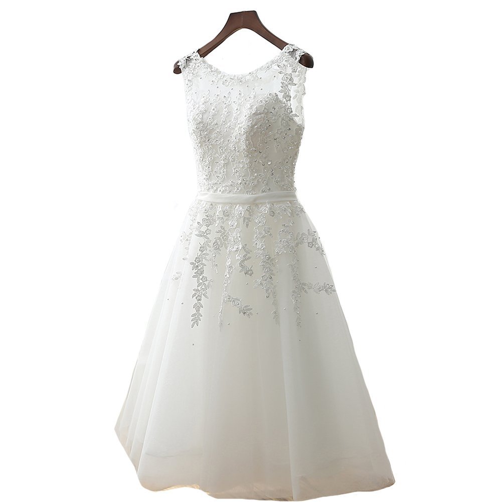 Kivary Tulle Sheer Bateau Lace Corset Tea Length Prom Homecoming Dresses Ivory C