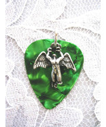 DEEP GREEN GUITAR PICK &amp; SWAN SONG ANGEL PENDANT NECKLACE ICARUS MUSICAL - $6.99